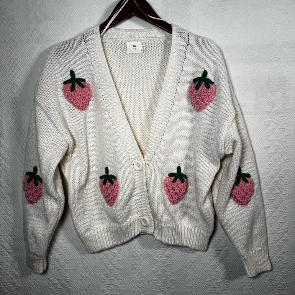 Luna Ivy Strawberry Crochet Cardigan Sweater Size… - image 5